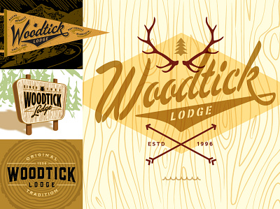 Woodtick Lodge Logos 19 branding cabin camping lake lodge logo northwoods outdoors pennant rustic sign typography wood