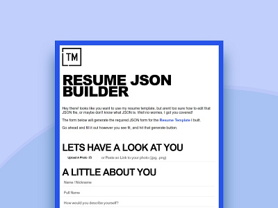 JSON Generator for a Resume Template blue bold codepen cv generator json resume template
