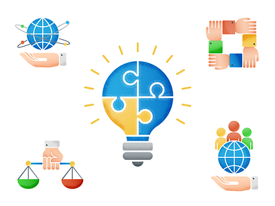 Icons for corporate principles visualisation arms bulb corporate earth icon libra principles