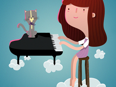 Flying piano cat clouds illustration piano