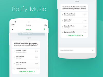 Botify: Chat bot over Spotify ai bots bubble chat mobile ui