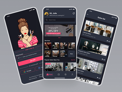 Beauty Salon - Online Appointment App barber beauty beauty brands beauty products clean design clean ui dark mode hair hair cut hair dresser hair dressing hair studio hair style make up mobile app night mode products salon seizer studio