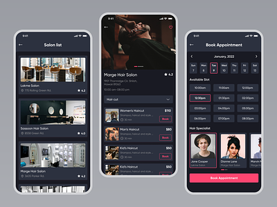 Salon - Appointment booking app - Dark Theme app app design appointment barber beauty beauty products brands clean ui dark dark mode dark theme design hair hair salon mobile app mobile app design online booking products salon uiux