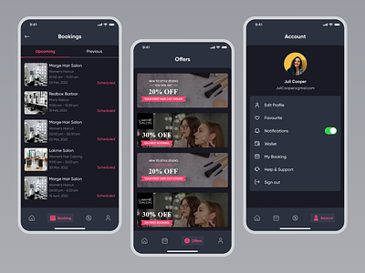 Hair Salon and Spa Booking Appointment App - Dark Theme appointment barber beauty beauty care brands clean clean ui dark dark mode dark theme dressing hair hair cut hair salon hair studio hair stylists make up minimal products salon shop