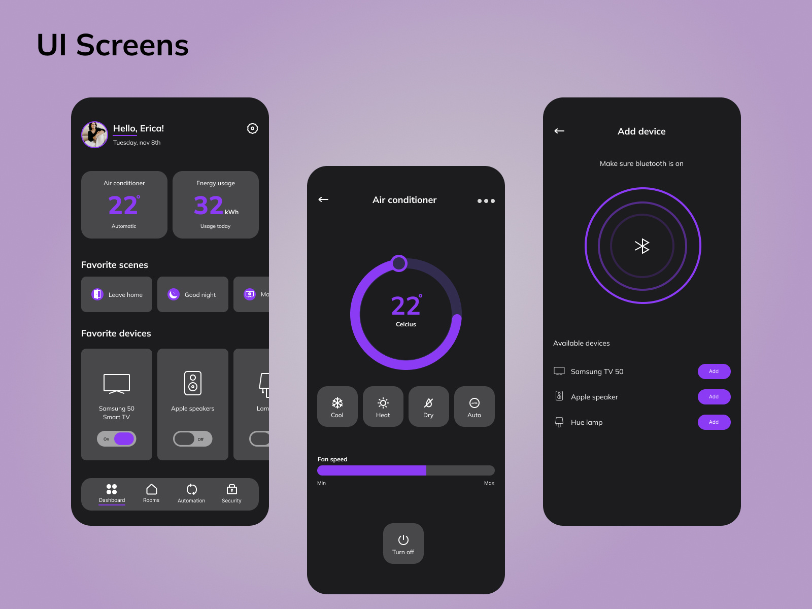 Smart home app - Dark mode by Justyna on Dribbble