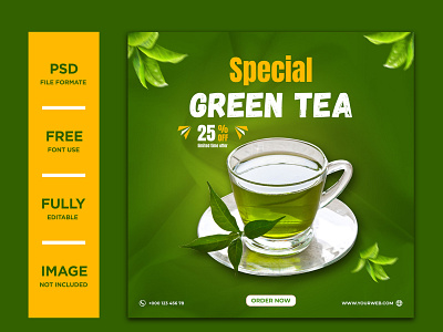 Green tea social media post template premium psd banner design branding burger chicken diet facebook post food green tea healthy instagram post orange tea organic social media marketing social media post tea testy