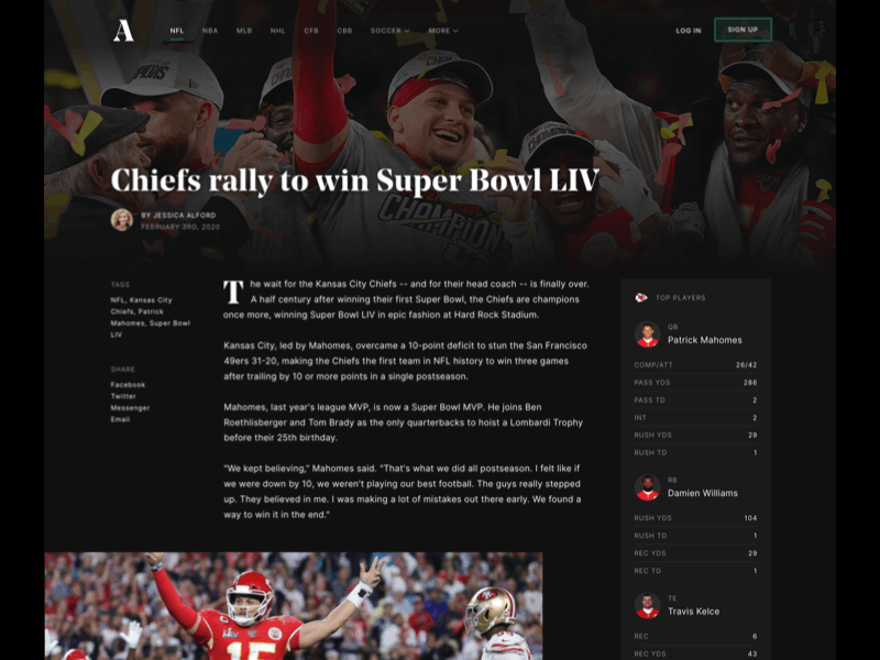 Sports Article Concept Animated 49ers animated chiefs clean gif interface sports superbowl ui uiux web