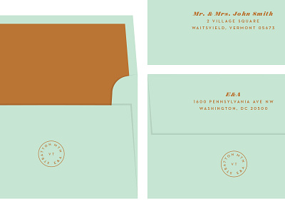 Envelopes address copper envelopes metallic mint green stamp vermont wedding