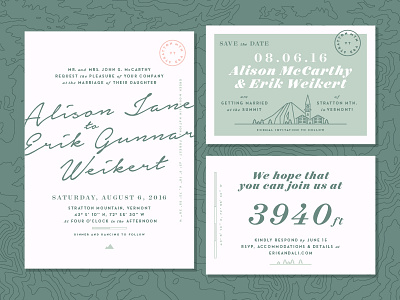 E&A Wedding Stationary! elevation green mountains handwriting invitation invite map rsvp save the date stationary topography vermont wedding