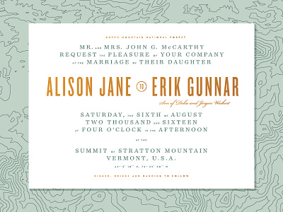 E&A Unused Invitation copper elevation foil green mountains invitation invite map stationary topography vermont wedding