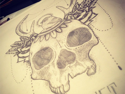 In The Eye Of The Beholder antlers bird bones design drawing graphic design illustration pearls pencil roses skull tattoo wip