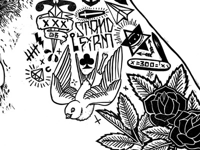 Sf1 CU bird black and white dagger detail diamond eye flowers illustration ink lino linocut plane rose swallow tattoo tattoos woodcut
