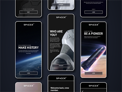 SpaceX Mobile Onboarding Concept app black clean dark design graphic design interface minimal minimalist mobile mobile app modern mononochrome space ui ui design uiux ux ux design white