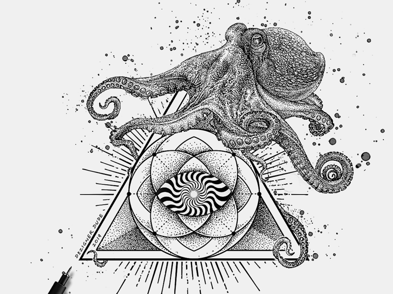 Behind the Eye submerge music music album art detailed illustration dot work stippling underwater rays octopus mandala triangle kraken