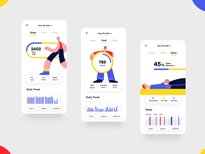 Fitness App Concept UI Design app bright ui calorie counter calories concept fitness flatui food log fresh ui modernui pedometer pedometerapp sleep sleep analysis sleep pattern steps ui ui design ux ux design