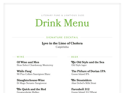 Booked Themed Wedding: Drink Menu bookmania domus titling menu puns typography