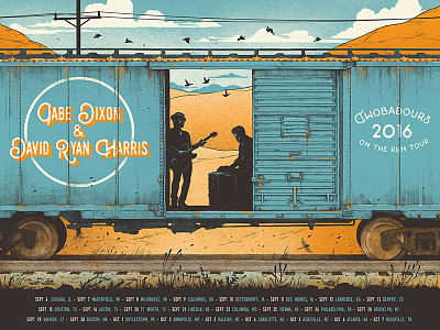 Tour Poster birds boxcar countryside freight train gig poster guitar hills piano screenprint tour tracks train