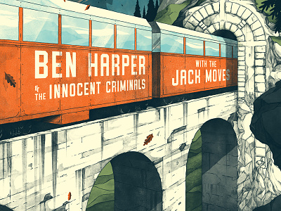 European Tour Poster ben harper bridge europe forest hills illustration mountains poster rocks train tunnel valley