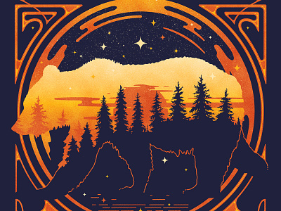 Bear Poster bear border forest night ornaments stars sun sunset trees