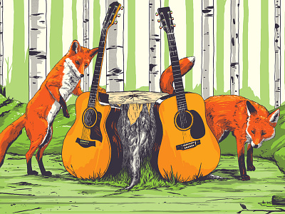 Foxes and Guitars Poster WIP birch forest fox guitar moss poster stump trees