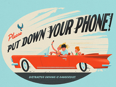 Put Down Your Phone! bird car driving family phone procreate psa texting vintage