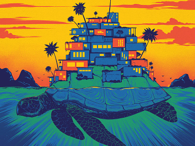 Dave Matthews Band Brazil Poster brazil clouds gig poster illustration ocean palm tree poster sea sunset turtle village