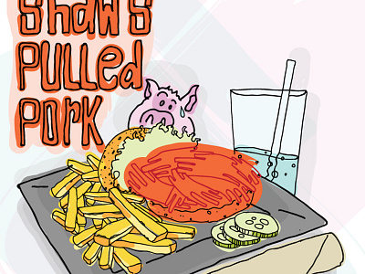 Shaws Pulled Pork Illustration bbq fries illustration offset pig sandwich type typography vector wacom watercolor