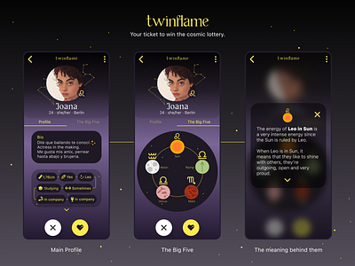 Twinflame User Profile (Daily UI Challenge 006-100) 006 app astrology branding dailyui dailyuichallenge dating dating app design graphic design stars ui user experience user interface user profile ux vector