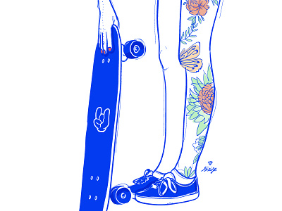 Girl & skate illustration inked skate vector women