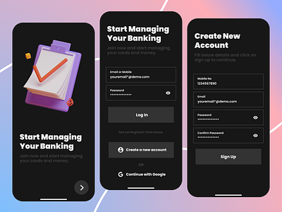 Banking App (Splash + Login + Signup Screens) app appdesign appuidesign color colour design dribbble figma instagram ios minimal mobile social ui uidesign uiux user interface user interface design ux uxui