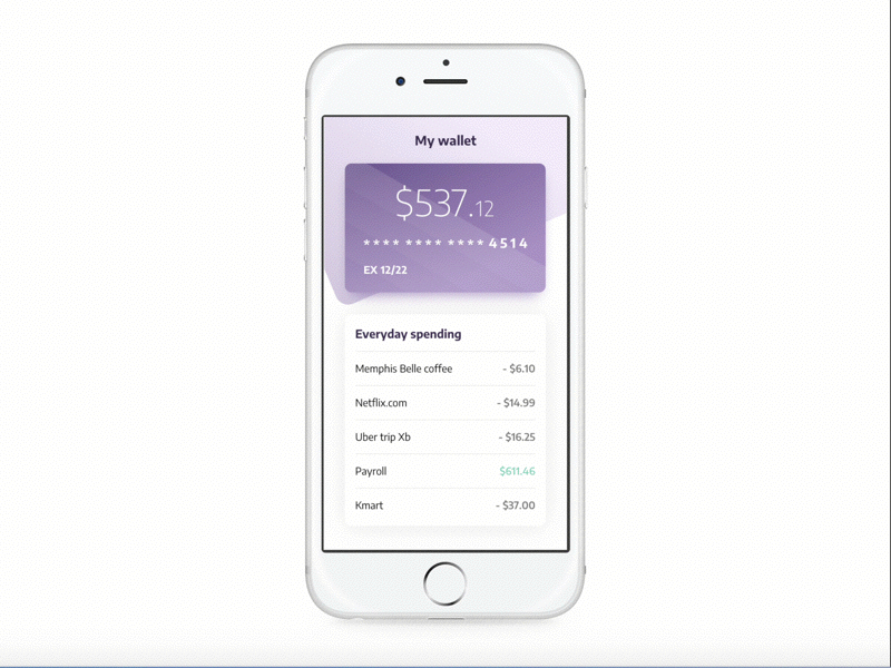 Day 23 100 days of ui animation cards day 23 iphone 6 money transaction transition ui ui challenge wallet