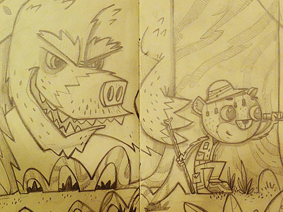 illustration for the "Two pages sketchbook project" adventurer beast danger explorer forest jungle monster