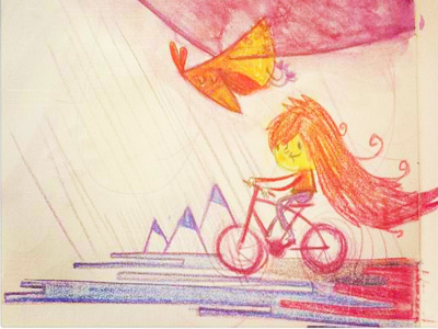 girl ridding bike bird character colored pencils ridding sketch