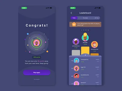 Daily UI 19 - "Leaderboard" 100daysofui app app design app game app leaderboard dailyui dark mode design fun game interface design leaderboard leaderboard ui mobile design playful ranking score ui ui design ux