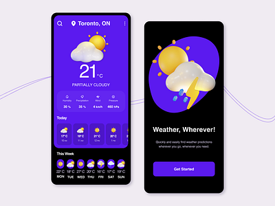 Daily UI 37 - "Weather" 100daysofui 3d app design daily ui 37 dailyui dark purple ui dark ui day 37 design mobile app mobile ui purple ui ui ui design ux weather weather app weather app design weather app ui weather forcast