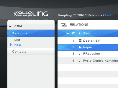 Koupling CRM/CMS blue cms crm flame grey koupling menu navigation silver