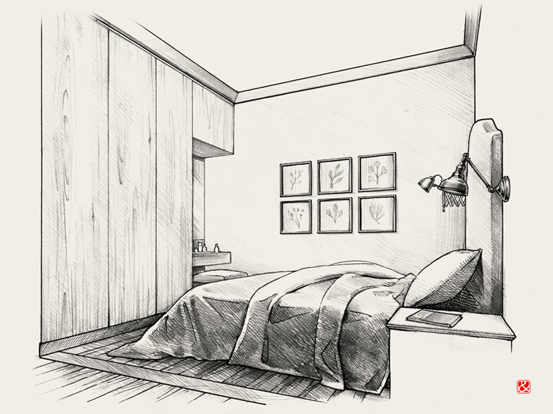 Bedroom With Herbarium Pencil Drawing By Andrii Bondarenko