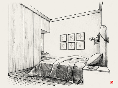 Bedroom with herbarium pencil drawing