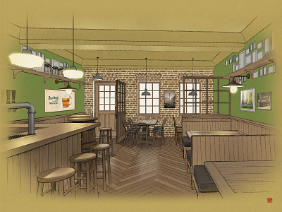 Chech pub interior illustration bar concept illustration interior pub sketch