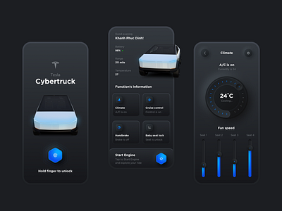 Tesla Cybertruck Smart App black car app cybertruck dark dark mode darkmode elon elon musk interface ios musk neumorph neumorphism skeumorph smart app space x spacex start enginee tesla ui