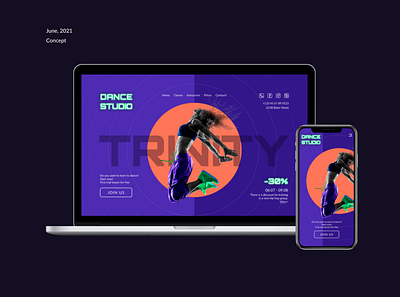Design main page for dance studio application concept danceapp danceschool dancestudio design mainpage neonstyle ui webdesign