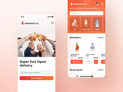Alcohol taxi - Liquor delivery app add to cart address alcohol app cart delivery drinks ecommerce interface liquor mobile mobile app online store orange ordering product design shop shopping ui ux