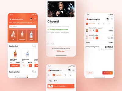 Alcohol taxi - Liquor delivery app address alcohol app cart delivery ecommerce estimated time of arrival interface liquor mobile mobile app online store orange ordering payment options product design shop shopping ui ux