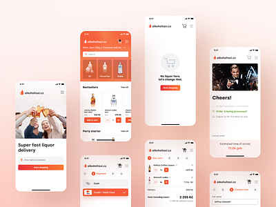 Alcohol taxi - Liquor delivery app address alcohol app cart delivery ecommerce estimated time of arrival interface liquor mobile mobile app online store orange ordering payment options product design shop shopping ui ux