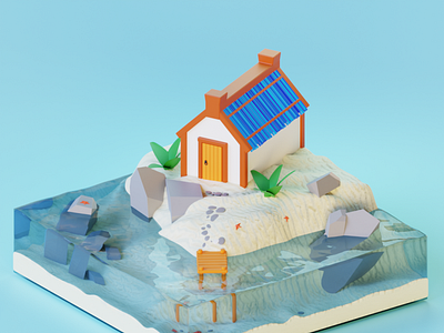 Island with a house in the middle of the water 3d design