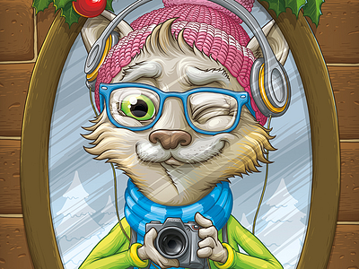 New Year 2014 Postcard: Hipster Cat animals camera cat character hat headphones hipster new year photo postcard postcards winter
