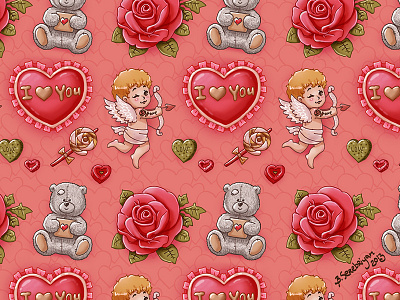 ICQ Themes: Valentine's Day bear heart love patterns rose roses teddy bear texture theme valentine