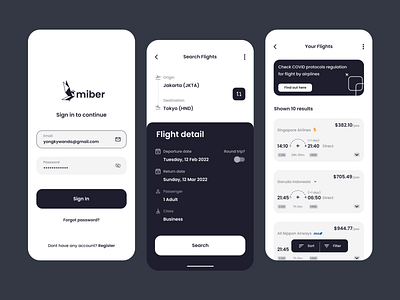 Miber - Airline Ticket App Concept airline android app boarding booking app concept flight ios minimalist mobile app plane ticket ticket app ui ux