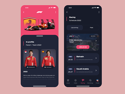F1 Mobile App - Redesign iOS App Concept android app car circuit dark mode driver f1 ferrari formula1 ios iphone minimalist mobile app racing sport ui ux