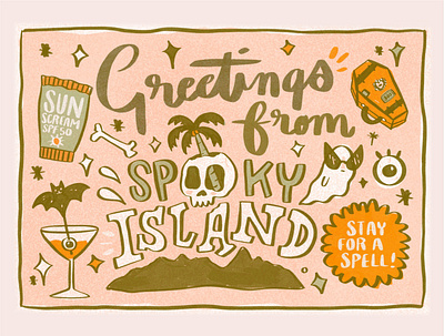 Spooky Island Postcard bats design ghosts halloween illustration illustrator logo pins retro skull logo travel typography witches